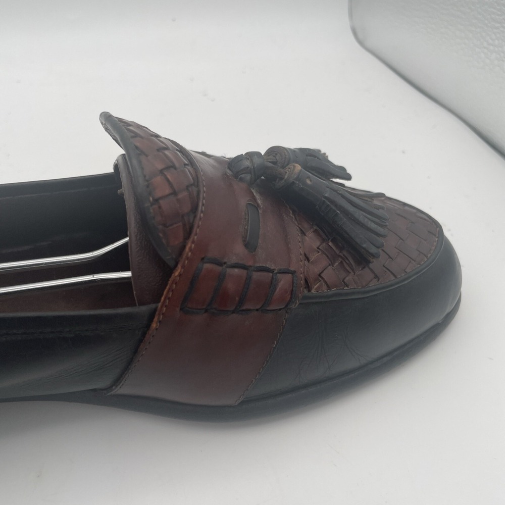 Bragano Mens Shoes Size 10M Black Brown Leather Full‎ Strap Woven Tassel Loafers - Picture 8 of 16